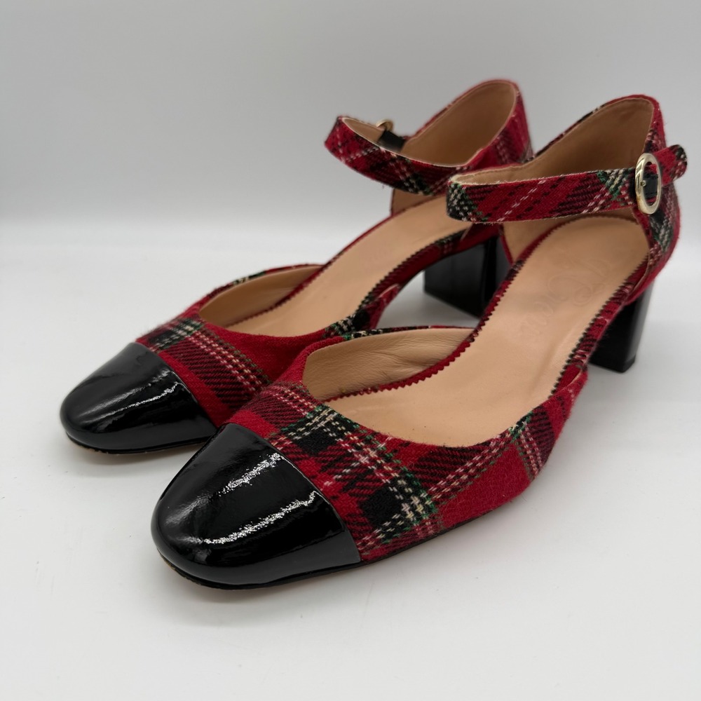 J.Crew Stewart Plaid Mary Jane Block Heel Pumps Red Black Patent Toe Size 9